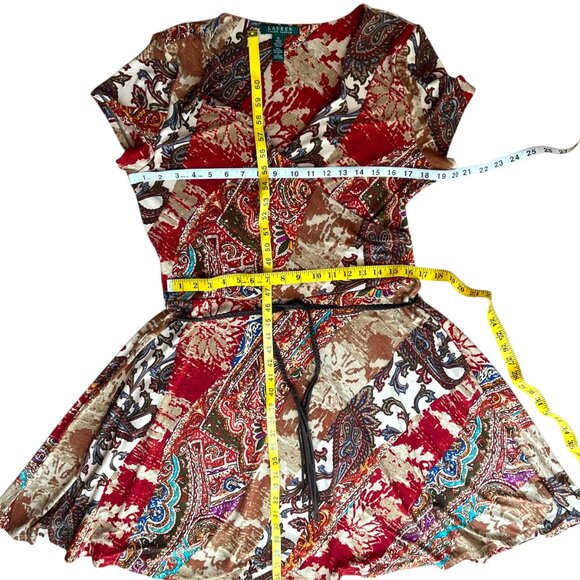 Lauren Ralph Lauren XL Dress Fall Boho Faux Wrap Stretch Patchwork Paisley belt - Picture 12 of 15